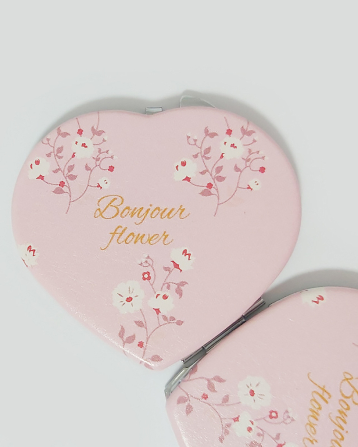 Folding Cute Heart-shaped Double-sided Mini Mirror Pink Flower Design Letters PU Mirror Makeup Mirror