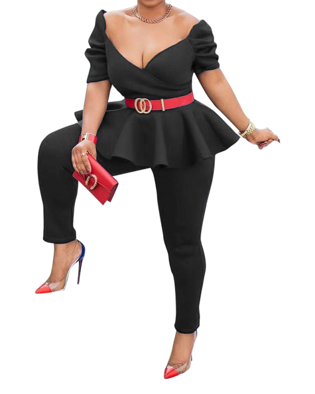 Women Deep V-Neck Solid Color Short Sleeve Two Pieces Outfit Pants Sets S-2XL (Without Belt）