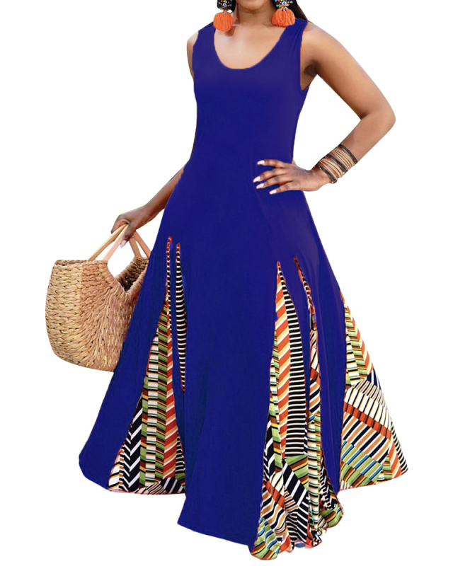 Women Fashion Sleeveless Solid Color Patchwork Printed Maxi Dresses Orange Black Red Blue S-2XL