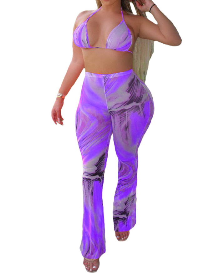 Lady Sexy See Through Halter Two Piece Set Purple Pink S-2XL 