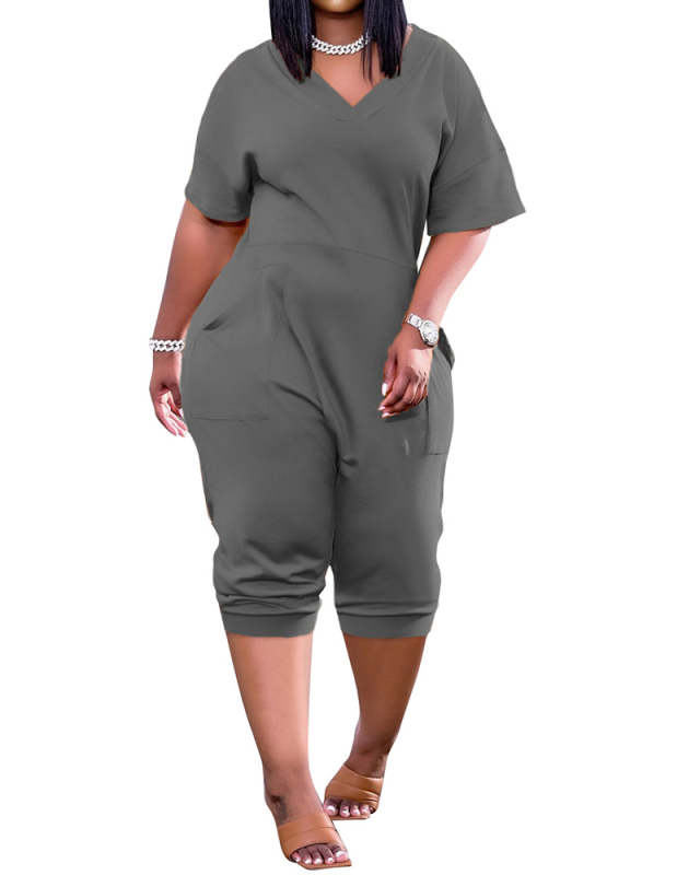 Loose Solid Color V-neck Casual Cropped Jumpsuit