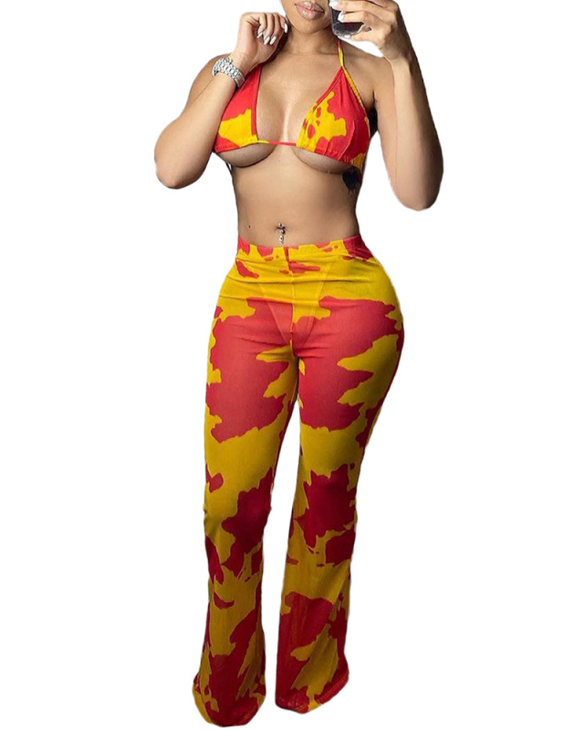 Lady Sexy Printing Halter Mesh See Through Three Piece Set (Including underwear)