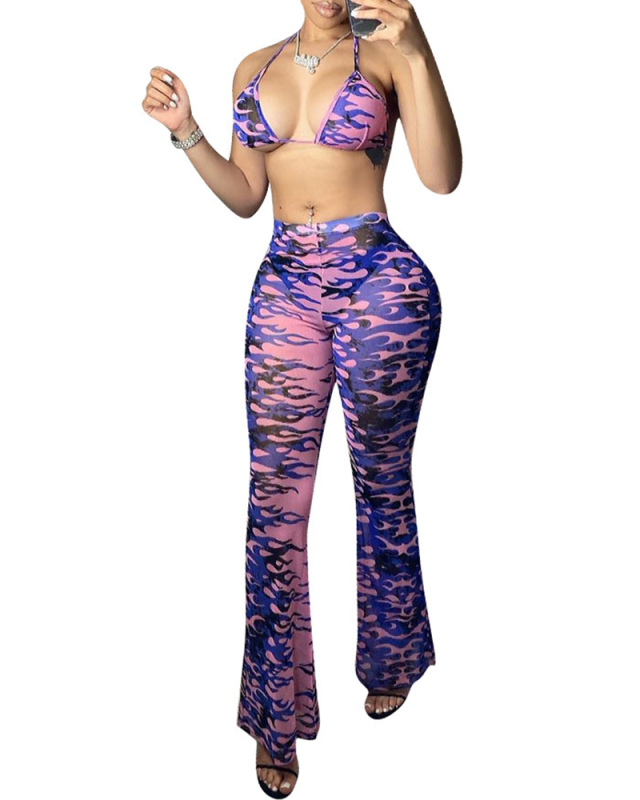 Lady Sexy Printing Halter Mesh See Through Three Piece Set (Including underwear)
