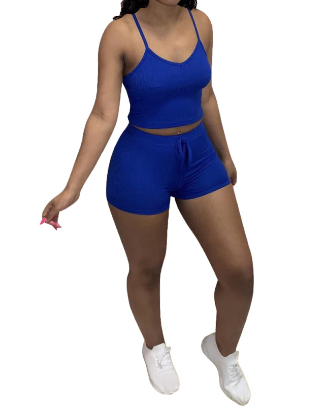 Stylish Women Strap Solid Color Sleeveless Short Sets Two Pieces Outfit White Pink Black Yellow Wine Red Gray Blue Brown S-2XL