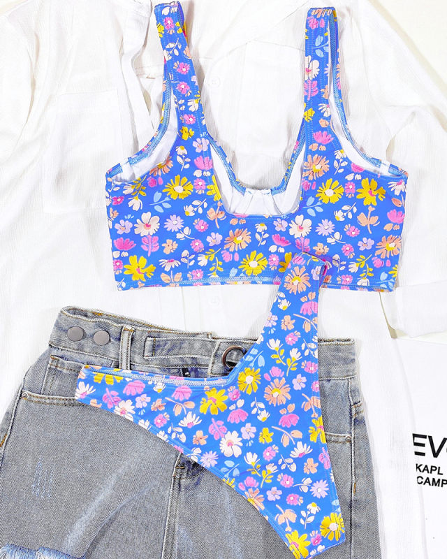 Blue Floral Printed Women New Bikini Set S-L