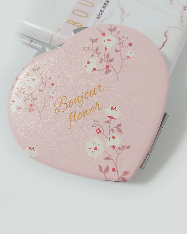 Folding Cute Heart-shaped Double-sided Mini Mirror Pink Flower Design Letters PU Mirror Makeup Mirror