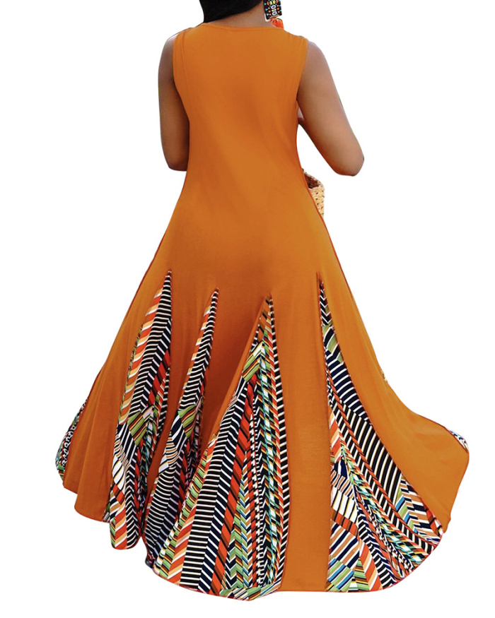 Women Fashion Sleeveless Solid Color Patchwork Printed Maxi Dresses Orange Black Red Blue S-2XL