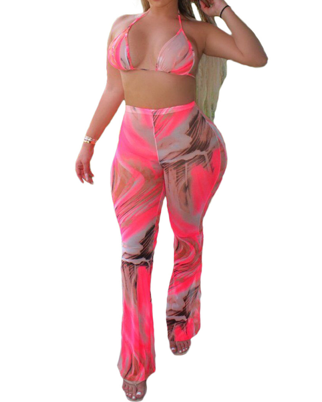 Lady Sexy See Through Halter Two Piece Set Purple Pink S-2XL 