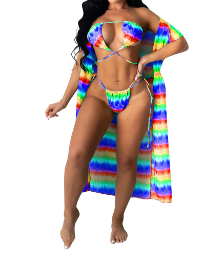 Women Colorful Short Sleeve Cover Up Sexy Bikini Three-piece Swimsuit Pink Yellow Blue S-2XL