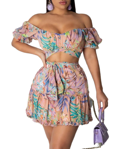Women Sexy Print College Dress Two Pieces Outfit