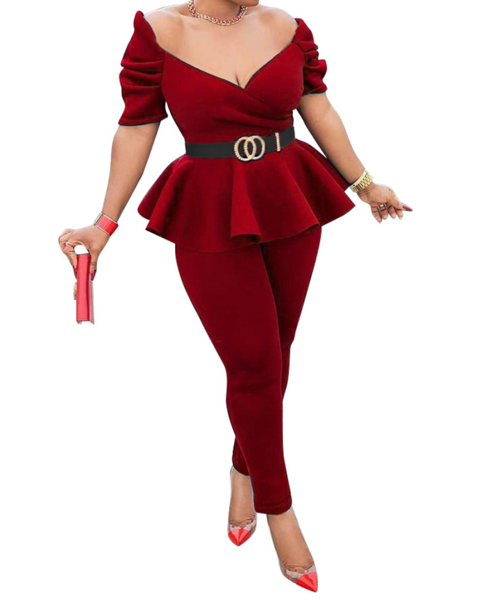 Women Deep V-Neck Solid Color Short Sleeve Two Pieces Outfit Pants Sets S-2XL (Without Belt）