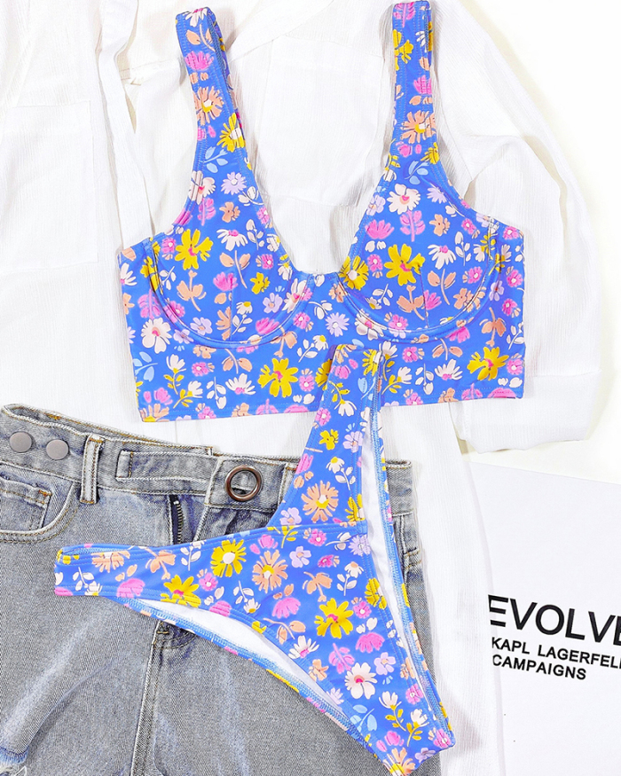 Blue Floral Printed Women New Bikini Set S-L