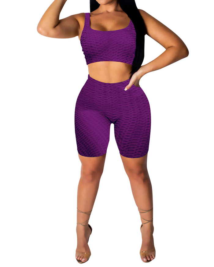 Women Sleeveless Solid Color Sports Wear Active Sets Two Pieces Outfit Short Sets Black Gray Purple Wine Red Blue S-2XL