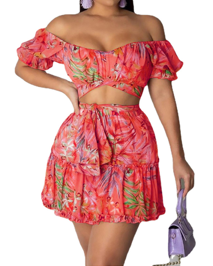 Women Sexy Print College Dress Two Pieces Outfit