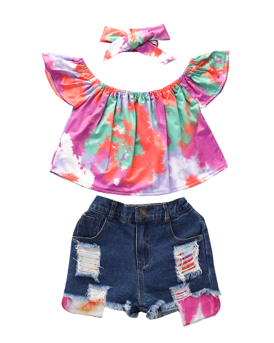Girl's Cuffed Hot Shorts Off-shoulder Top and Jean Shorts Set for Children Three-piece Set