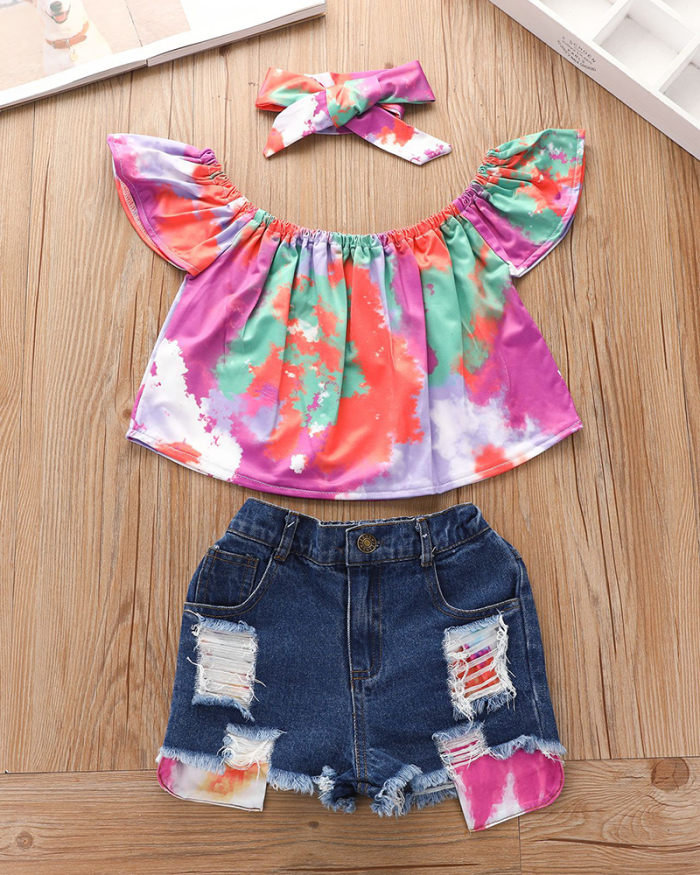 Girl's Cuffed Hot Shorts Off-shoulder Top and Jean Shorts Set for Children Three-piece Set