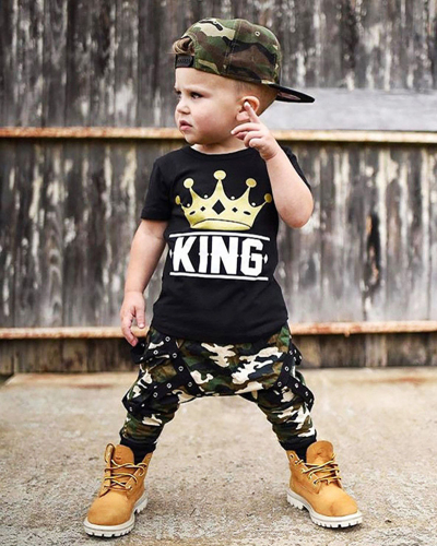 Kid's Short Sleeved Casual Black Top Camouflage Pants Two piece Two-piece Set