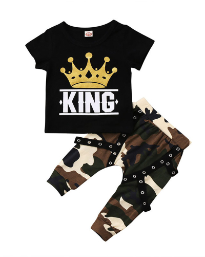 Kid's Short Sleeved Casual Black Top Camouflage Pants Two piece Two-piece Set