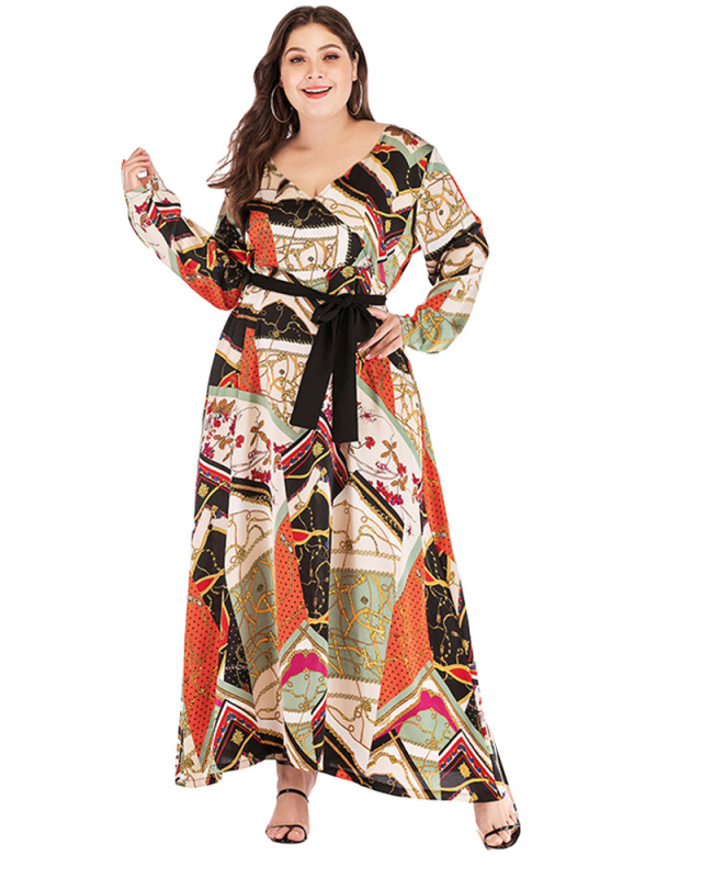 Woman Fashion Light Mature Loose V-Neck Sexy Printed Lace-up Dress L-4XL