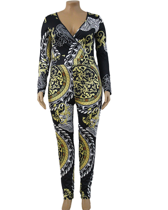 Lady Fashion Printed V-neck ong Sleeve Jumpsuit L-4XL