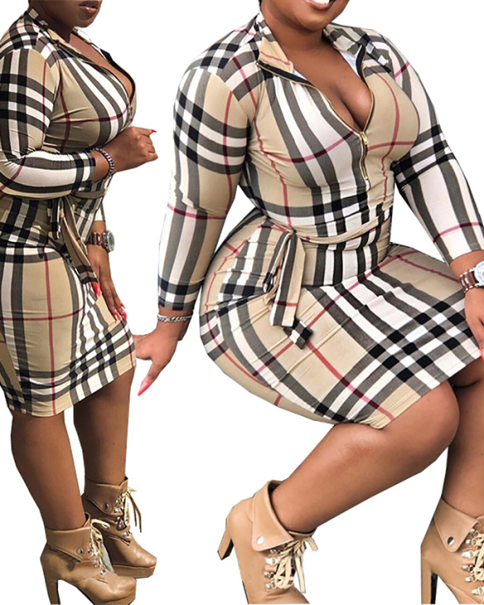 Lady Sexy Slim Plaid Skirt Turn-down Collar Plus Size One-Piece Dress Gray Pink Khaki L-5XL