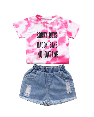 Girl's Tie-dye T-Shirt Shorts Kids Baby Ripped Jeans Shorts Set Two-piece Set