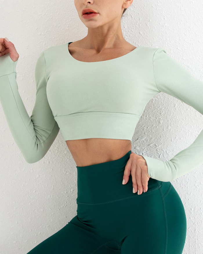 Hollow Out Back Cross Tight Sport Top Gym Yoga Shirts Women Long Sleeve Workout Fitness Crop Tops With Chest Pad Sportwear