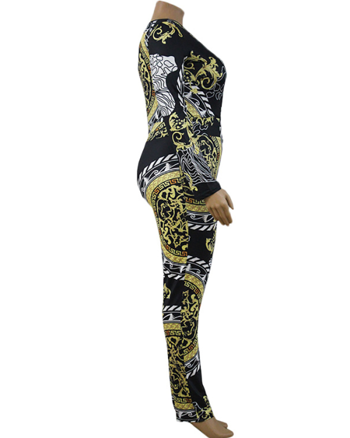Lady Fashion Printed V-neck ong Sleeve Jumpsuit L-4XL