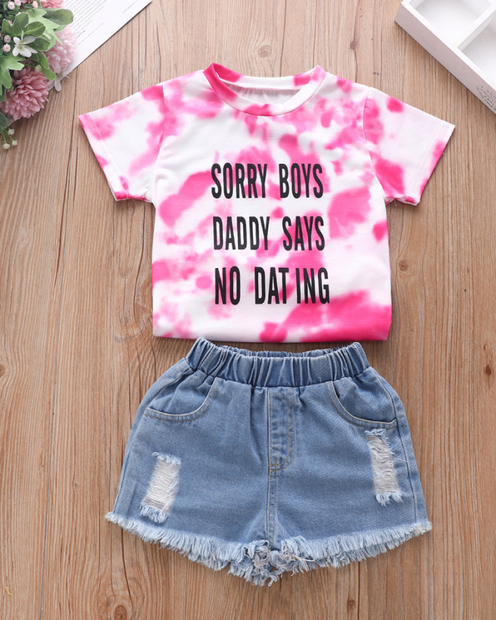 Girl's Tie-dye T-Shirt Shorts Kids Baby Ripped Jeans Shorts Set Two-piece Set