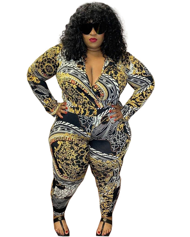 Lady Fashion Printed V-neck ong Sleeve Jumpsuit L-4XL