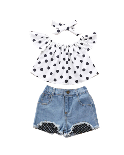 Girl's Print Pullover White Polka Dot Top Denim Shorts Set Children's Two-piece Set
