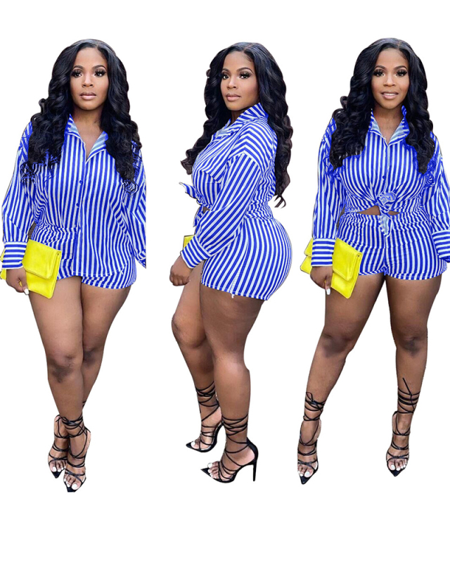 Long Sleeve Stripe Women Two Piece Short Sets S-XXL