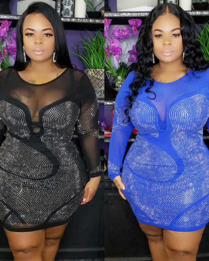 Woman Fashion Plus Size Hot Rhinestone Sexy Dress Black Blue XL-5XL