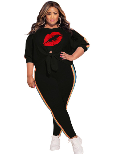 Woman Fashion Casual Plus Size Big Red Lip Tie Suit White Black L-4XL