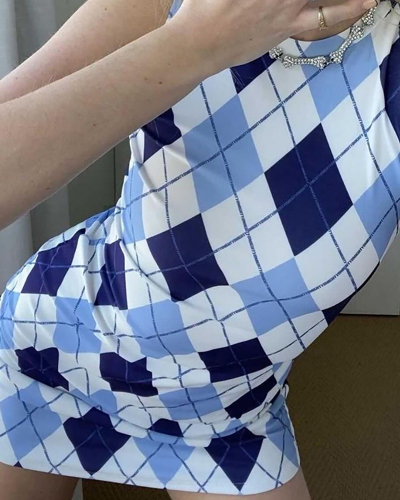 Girls Sexy Printing Sleeveless One Piece Dress Blue S-L 