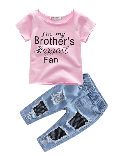 Girl's Pink Letters Printed T Shirt Top Denim Jeans Two-piece Set Pants Set