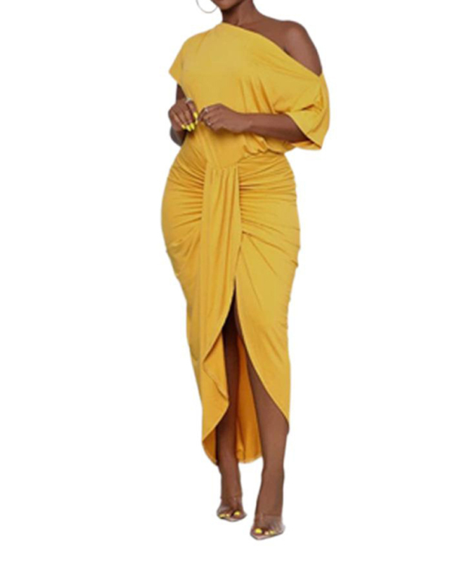 Women Solid Color Sexy One Piece Dress Yellow Black S-2XL