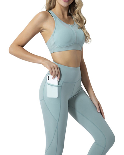 2021 Spring New Fitness Suit Women Front Zipper Patchwork Quakeproof Sports Bra + High Waist Pocket Legging 2 Pcs Yoga Suits