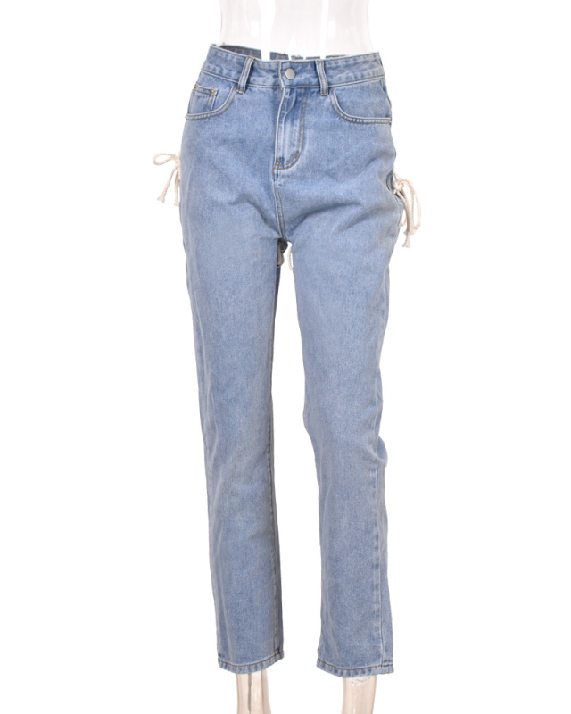 Fashion New Hot Style Sexy Lace-Up Washed Straight Jeans Solid Color S-XL