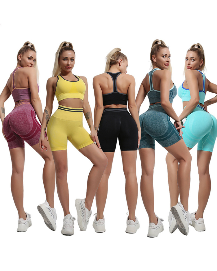 Woman Seamless Knitted Beauty Back High Waist Peach Hip Sports Running Two-Piece Yoga Suit S-L