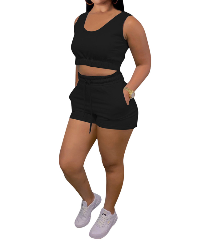 Stylish Solid Color Tank Top Sports Two pieces Outfit