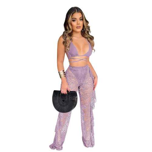 Lady See Through Cross Strappy Hollow Out Two Piece Set S-2XL 