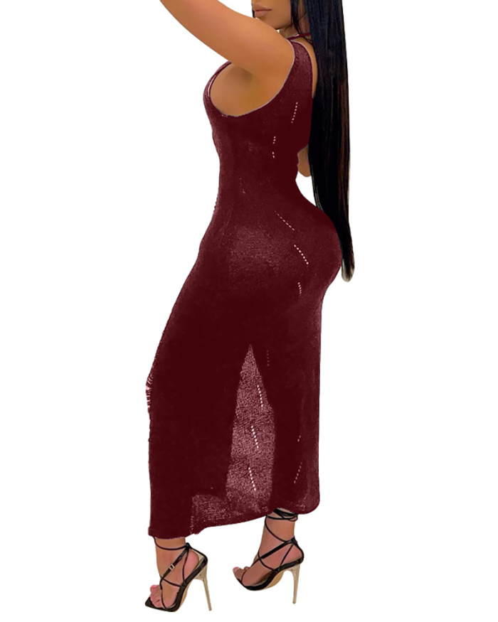 Women Solid Color See Through High Split One Piece Dress Wine Red Black Blue S-3XL