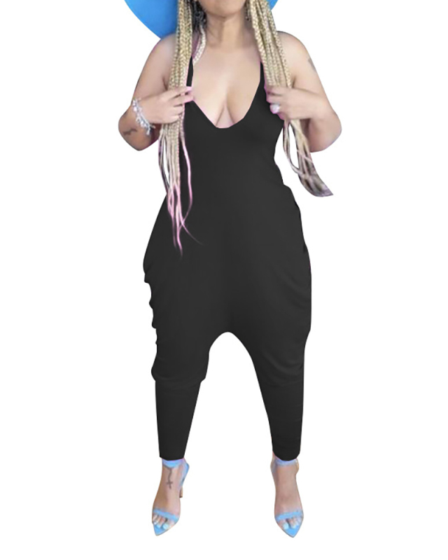 Loose Solid Color Suspender Casual Baggy Jumpsuit