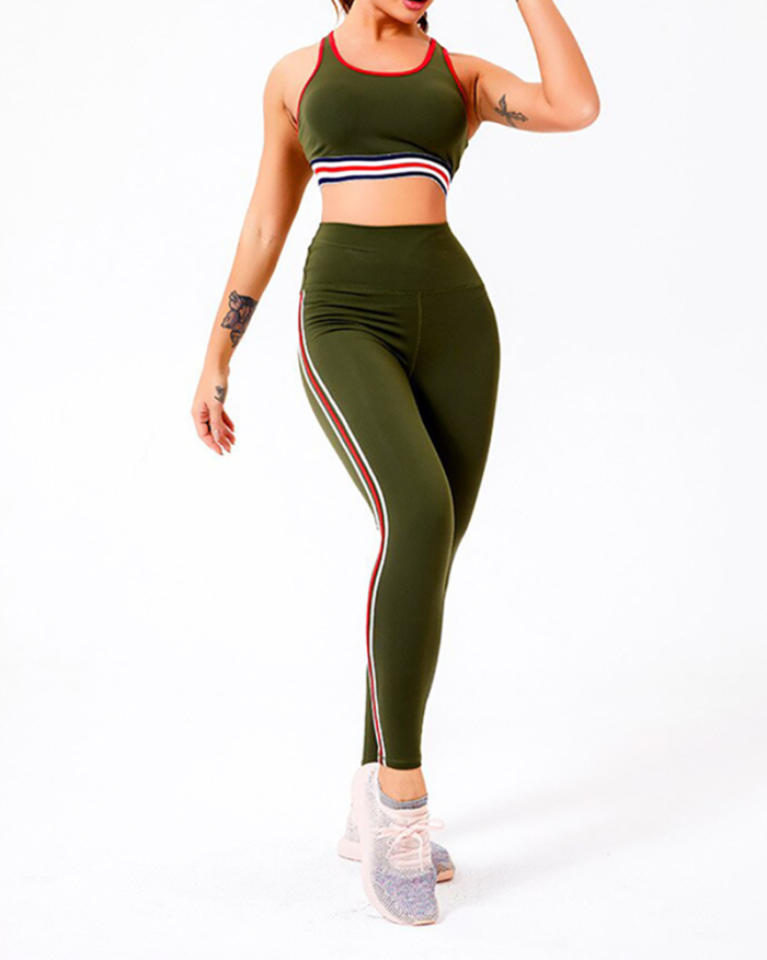 2021 Stripe Yoga Workout Set Women Gym Clothes Sportswear Leggings Suit for Fitness Sport Outfit Active Wear Black Green Nylon