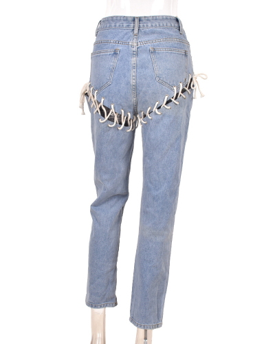 Fashion New Hot Style Sexy Lace-Up Washed Straight Jeans Solid Color S-XL