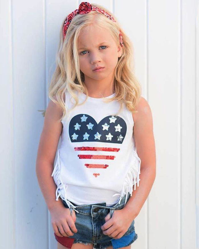 Children's Stars Pattern Printed Tassel Sleeveless Top Ripped Jeans Two-piece Set