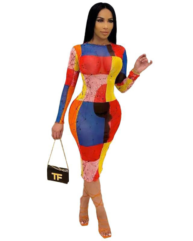 Long Sleeve Printed Slim Bodycon Dress S-XXL