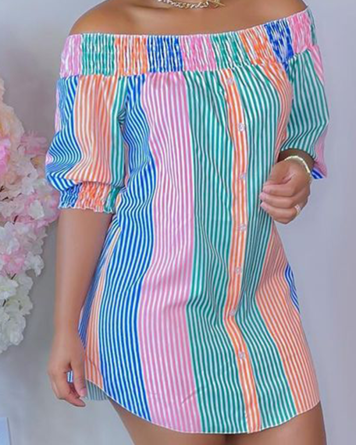 Casual Striped Split Off the Shoulder Straight Dresses S-XL