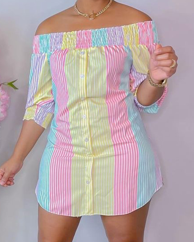 Casual Striped Split Off the Shoulder Straight Dresses S-XL